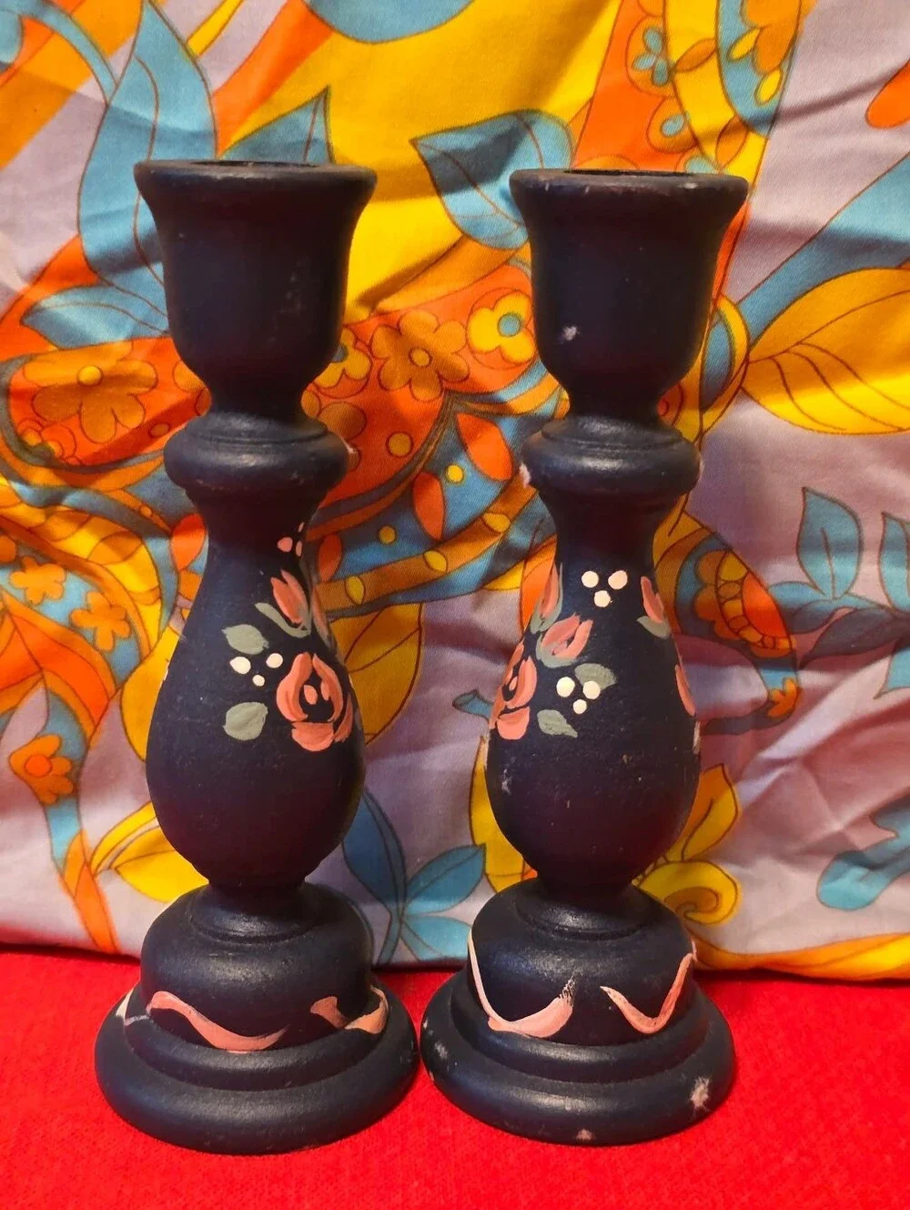 Vintage | Hand-Painted Floral Wooden Candle Holders